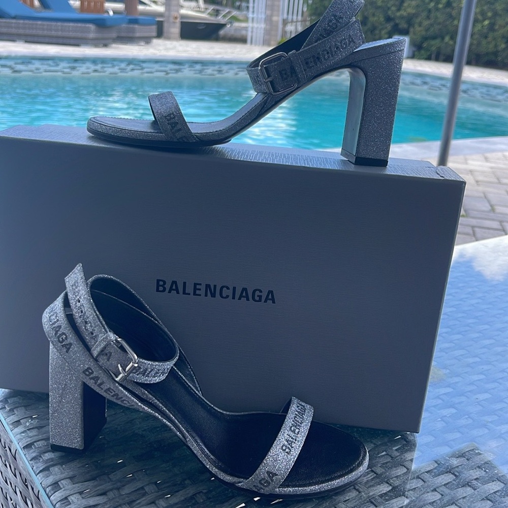 Balenciaga Glitter Allover Logo Ankle Strap Sandals - Picture 2 of 4